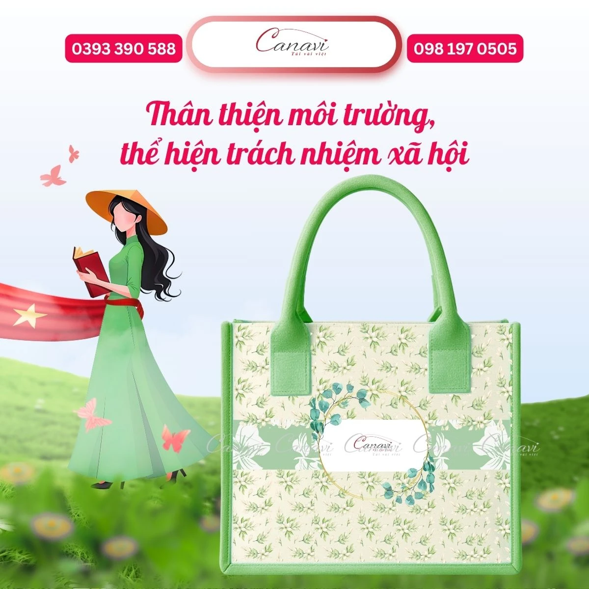 Túi vải đay họa tiết xanh lá thân thiện môi trường, thể hiện trách nhiệm xã hội