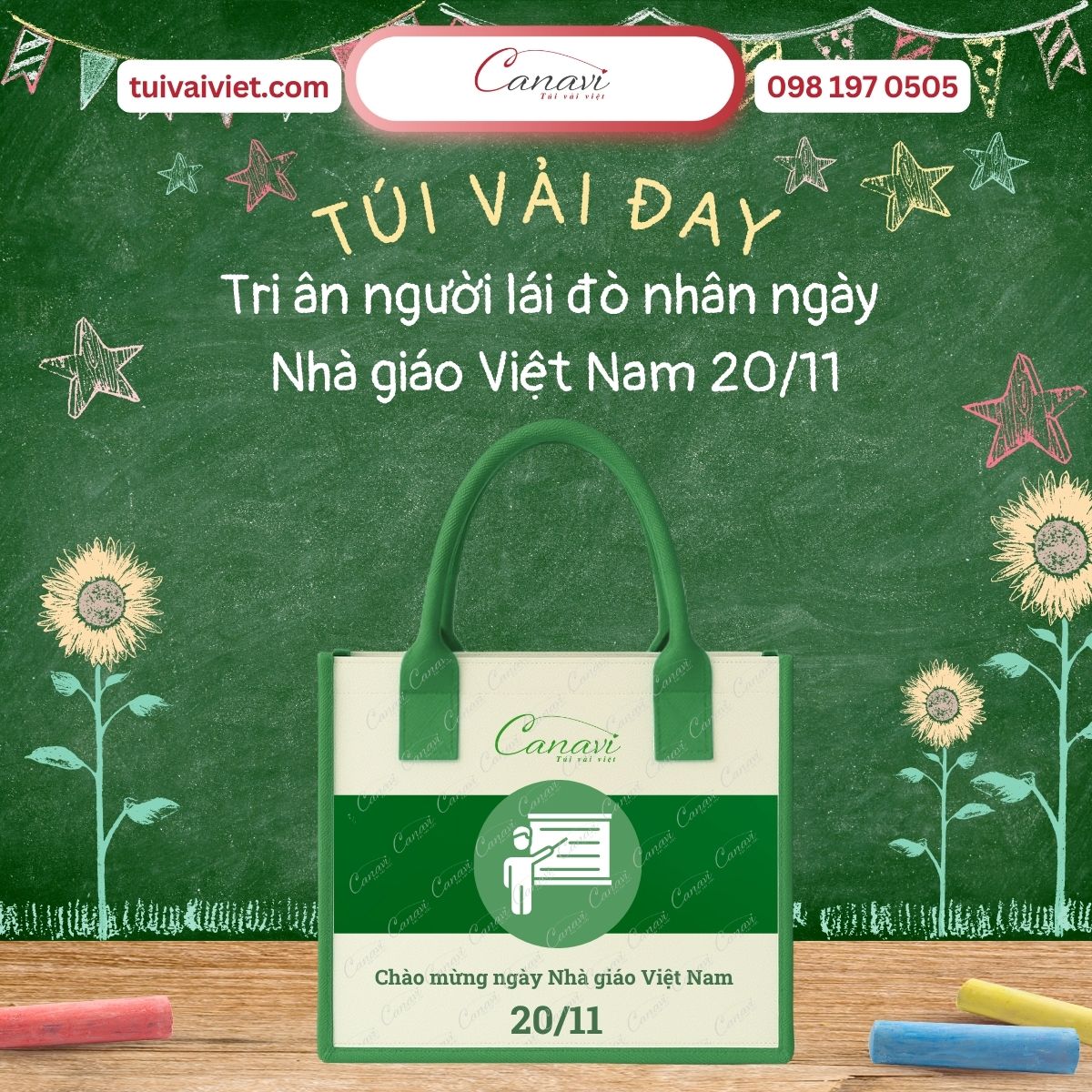 Túi vải đay vintage in thông điệp tri ân người lái đò nhân ngày Nhà giáo Việt Nam 20/11