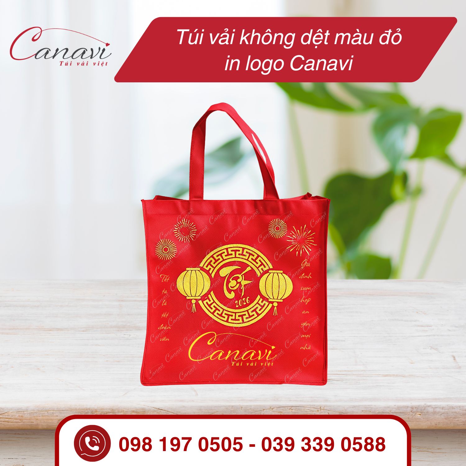 Túi vải không dệt màu đỏ in logo Canavi