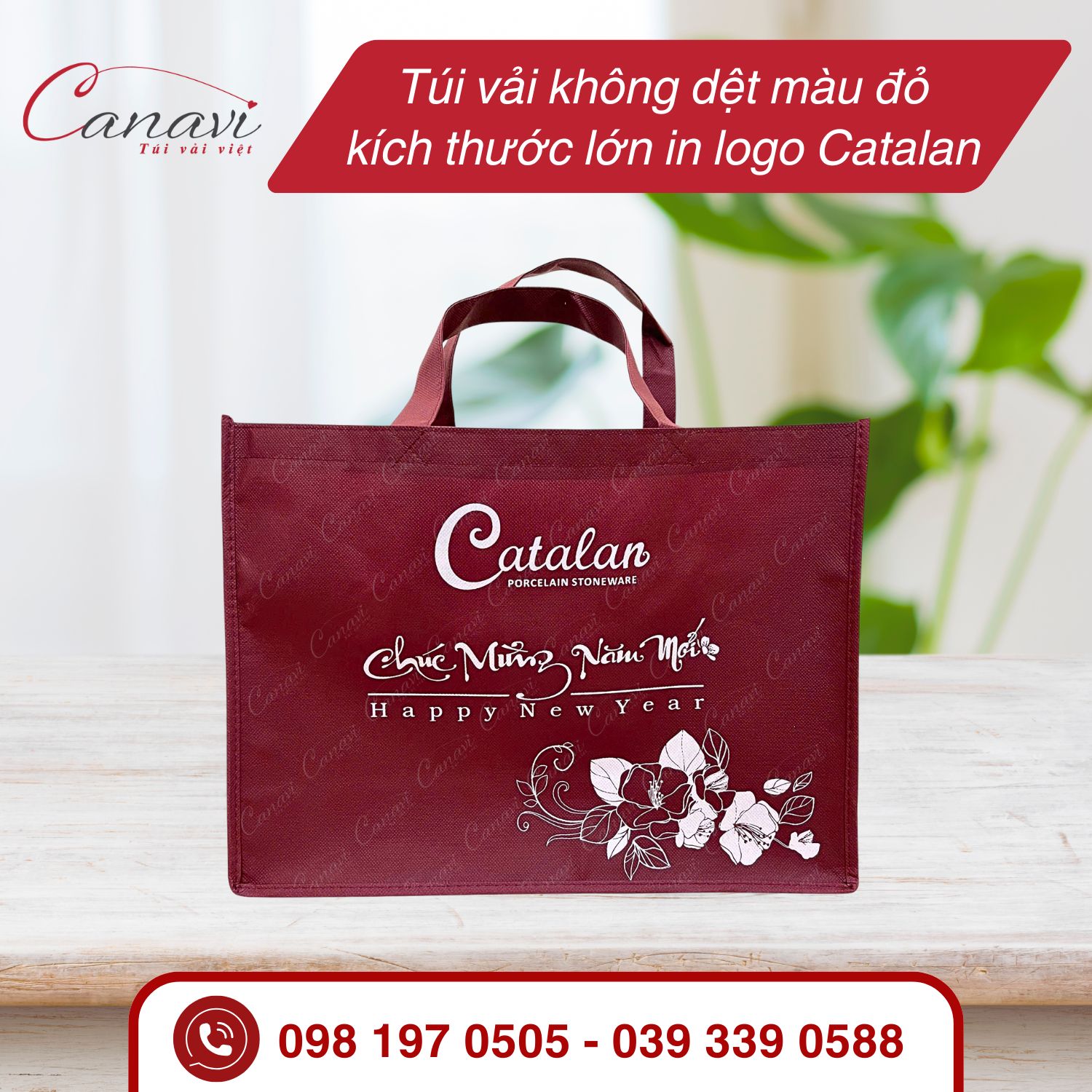 Túi vải không dệt màu đỏ kích thước lớn in logo Catalan
