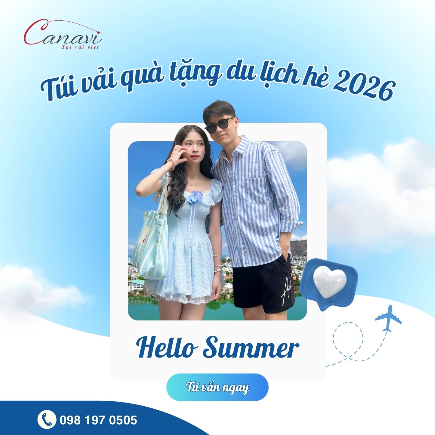 Túi vải quà tặng du lịch hè 2026 cho thương hiệu màu xanh dương