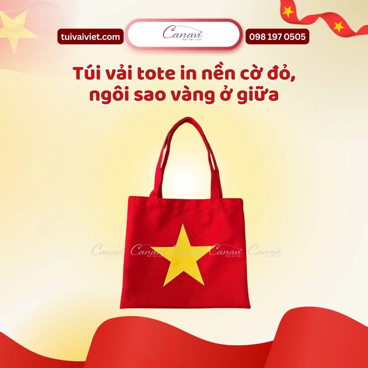 Túi vải tote in nền cờ đỏ, ngôi sao vàng ở giữa