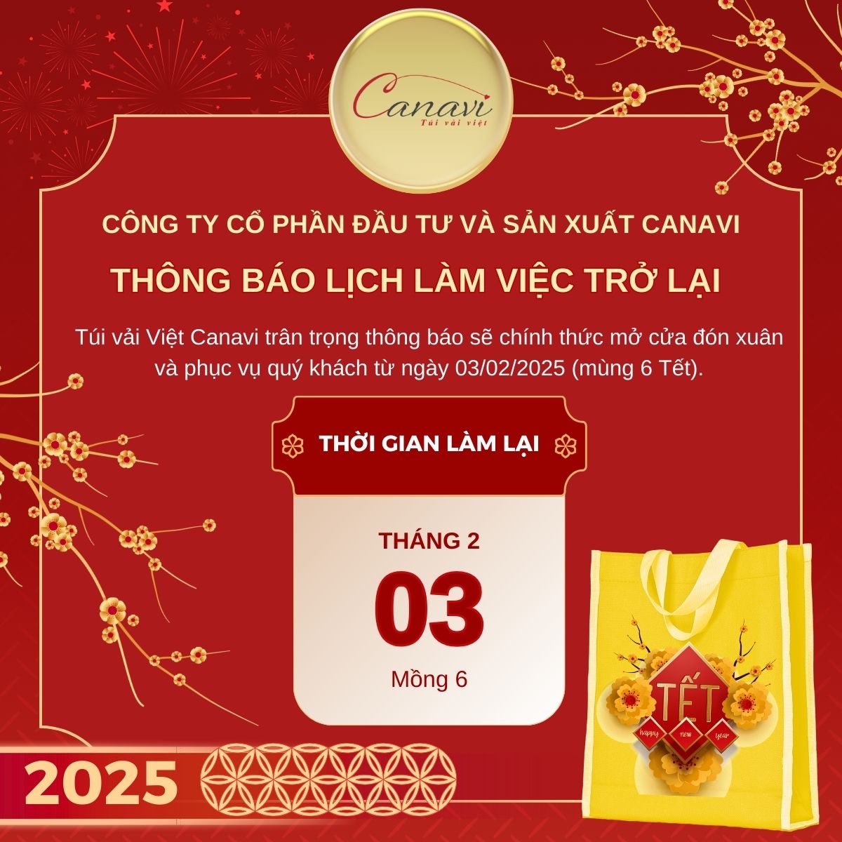 Túi Vải Việt Canavi Thông báo lịch làm việc trở lại