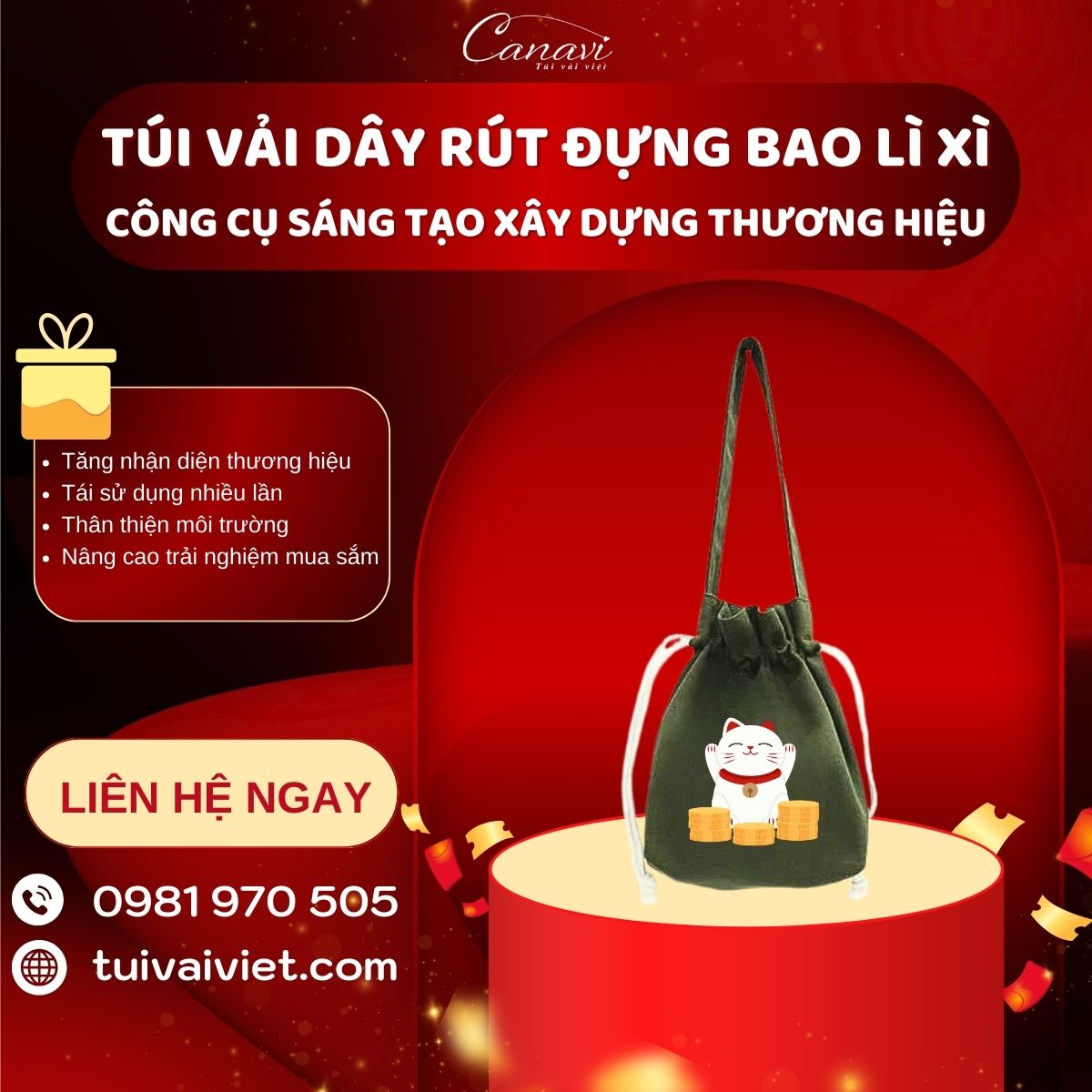 Xây dựng thương hiệu sáng tạo với túi vải dây rút đựng bao lì xì