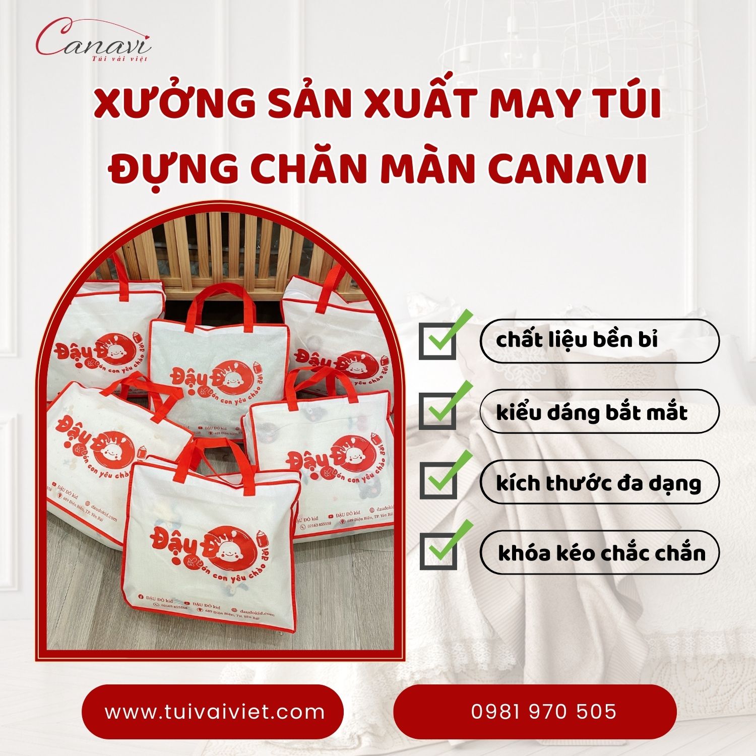 Xưởng sản xuất may túi đựng chăn màn Canavi