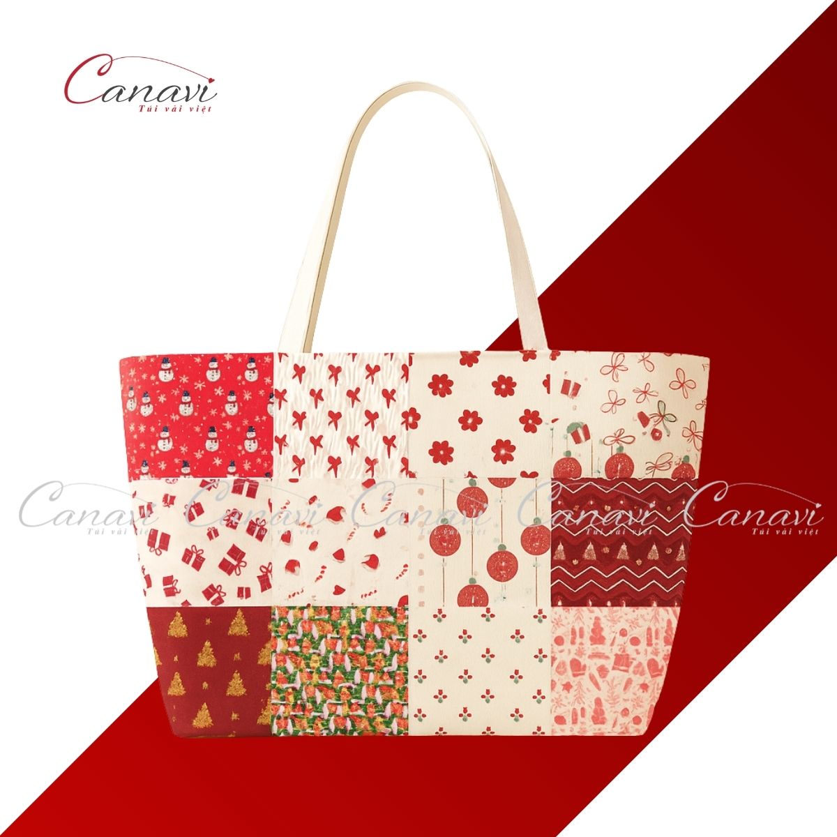 Túi Vải Quà Tặng Noel TVQT2 - Sắc Đỏ Giáng Sinh Ấn Tượng, Thiết Kế Patchwork Độc Đáo