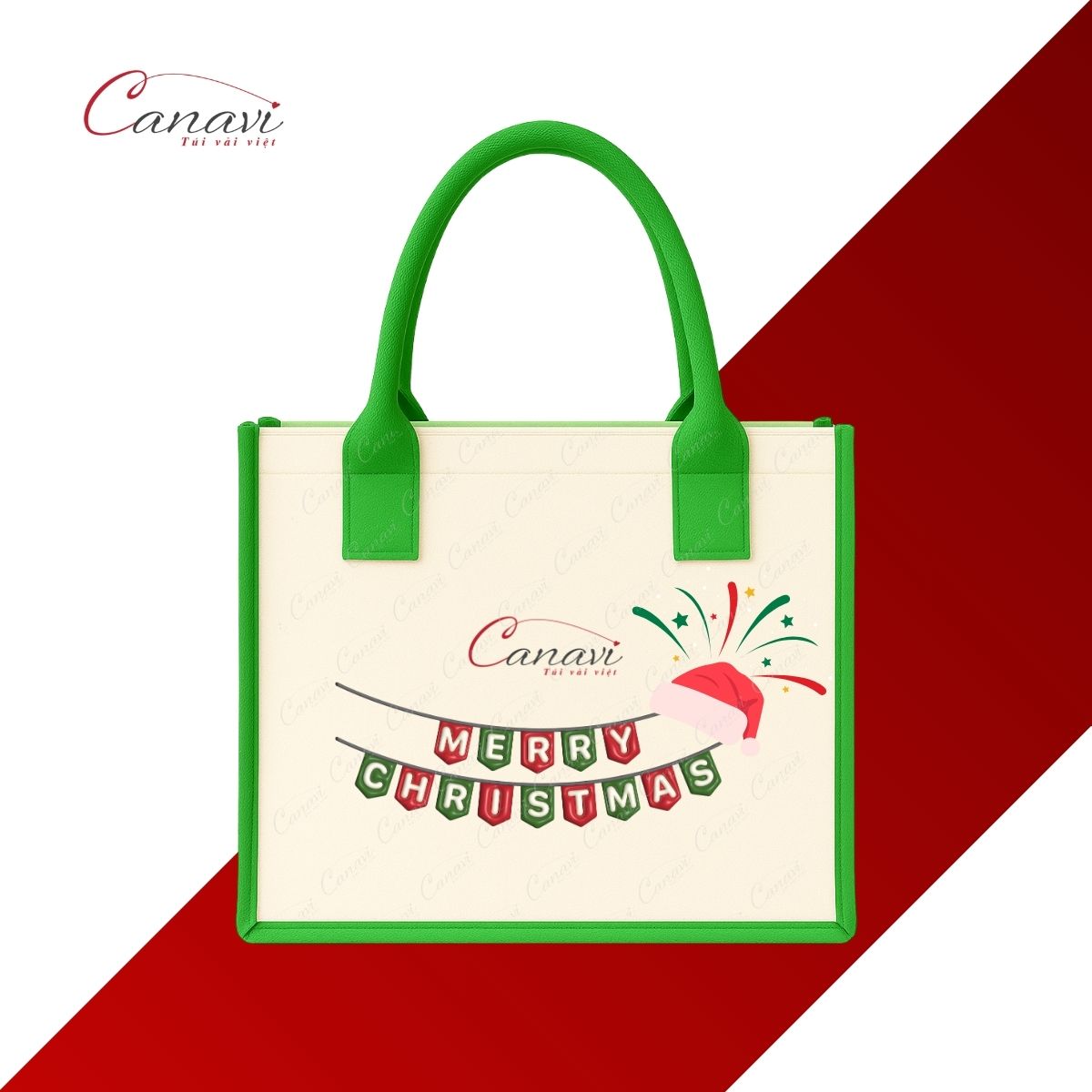 Túi Vải Quà Tặng Noel TVQT8 - Vải Đay Linen Phối Xanh Lá Độc Đáo