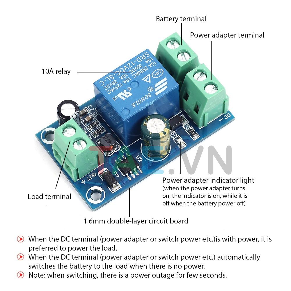 Module Mạch Tự Động Đóng Nguồn Dự Phòng X804 12-48VDC 10A