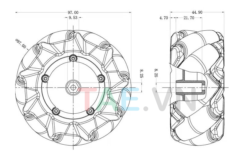 Bánh Xe Đa Hướng Mecanum Nhựa 97mm