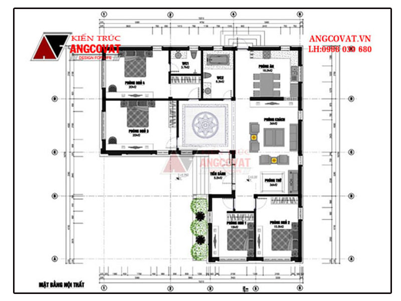 bản vẽ nhà ở 1 tầng 4 phòng ngủ đẹp