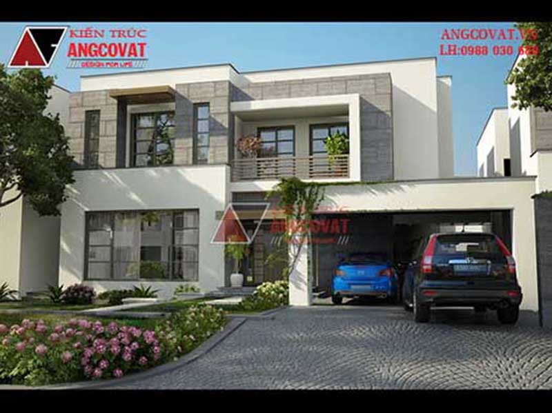 Mẫu 1: Thiết kế nhà biệt thự 2 tầng hiện đại mái bằng theo dạng biệt thự liền kề tiện nghi, sang trọng