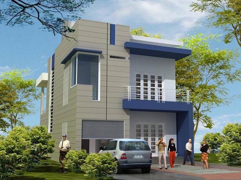 Mẫu 8: Thiết kế biệt thự 2 tầng mái bằng hiện đại gam màu ghi, xanh, trắng trang nhã, sang trọng