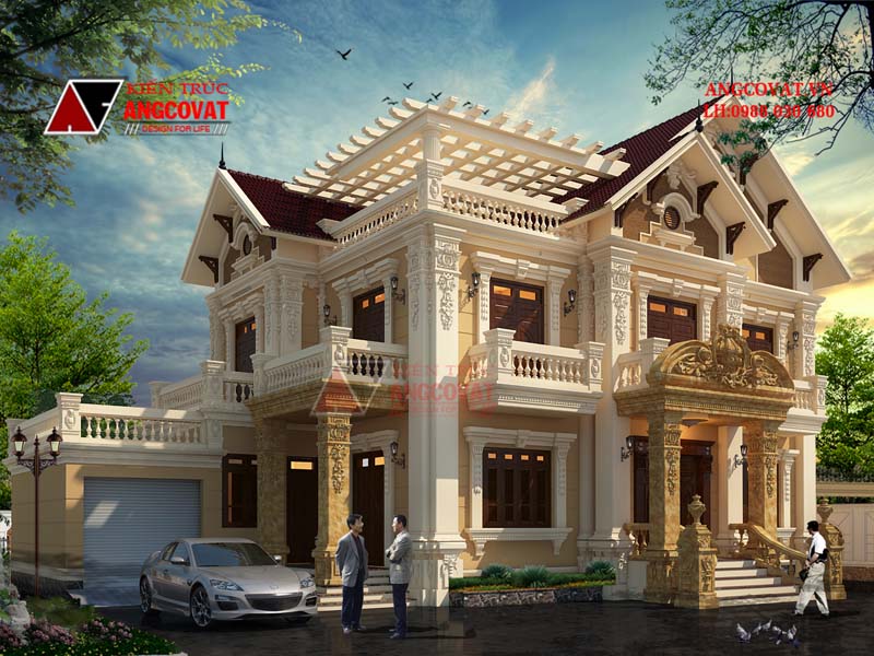Mẫu thiết kế biệt thự 2 tầng có gara phong cách cổ điển