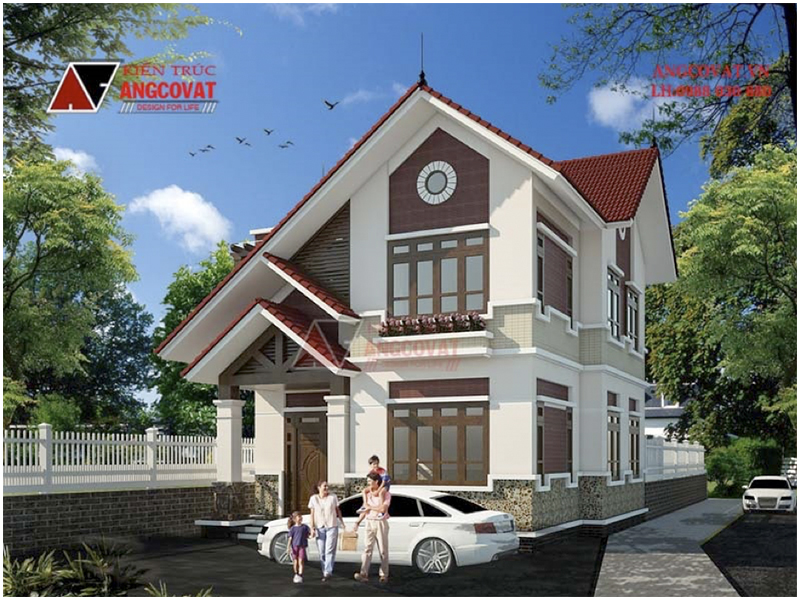 Phối cảnh view 2: Biệt thự mini 2 tầng mái dốc diện tích 85m2 mặt tiền 9m đơn giản, hiện đại