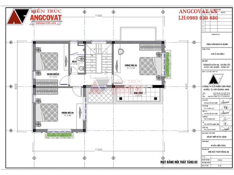 Mặt bằng tầng 2: Biệt thự mini 3 tầng mái thái hình chữ L 80m2 tại Hưng Yên