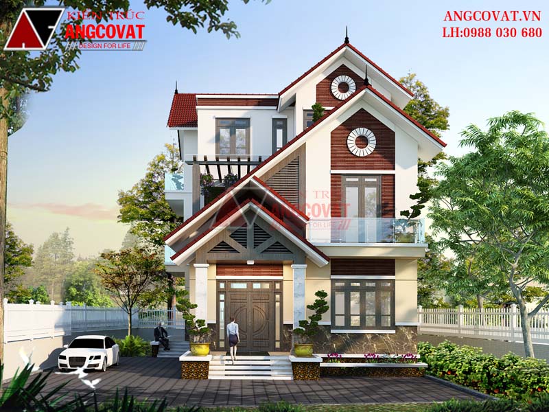 Hình ảnh mặt tiền nhà 3 tầng đẹp có sân vườn rộng