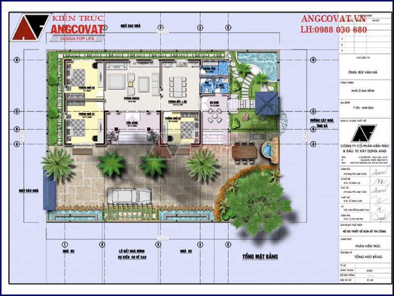 Mặt bằng nội thất: Mẫu nhà nông thôn 1 tầng mái ngói đỏ tươi diện tích 160m2