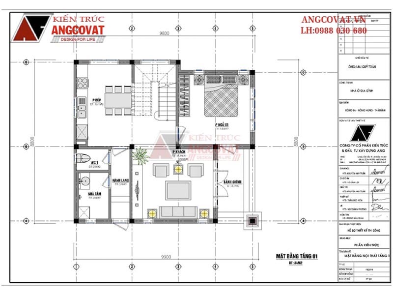 Mặt bằng tầng 1: Thiết kế biệt thự mini 2 tầng 80m2 mái dốc xinh đẹp có 3 phòng ngủ