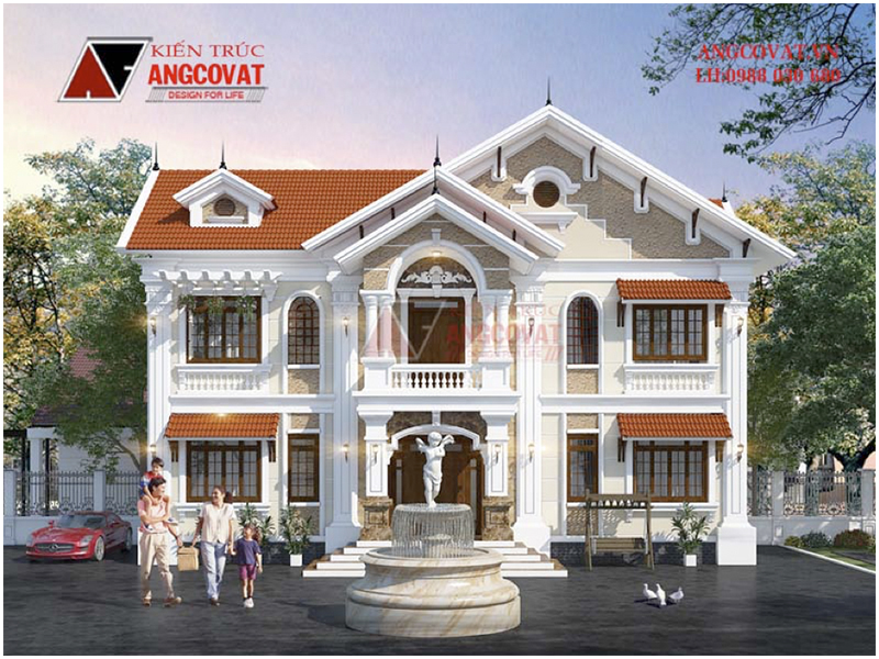 Hình ảnh biệt thự mini 2 tầng mái dốc kiến trúc tân cổ điển điện tích 90m2 mặt tiền 17m
