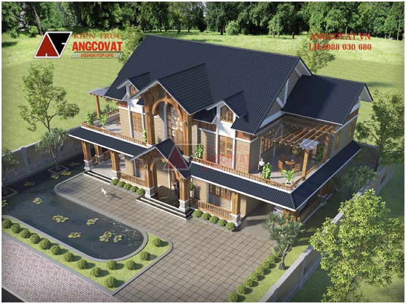 Phối cảnh view 2: Thiết kế biệt thự nhà vườn ở nông thôn 2 tầng diện tích 300m2 có 4 phòng ngủ