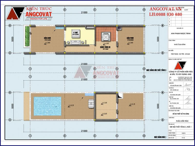 Mặt bằng tầng 3 và 4: Mẫu nhà ống có gara oto 3 tầng kích thước 5x21m mái bằng