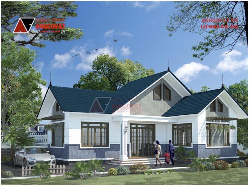 Phối cảnh 3D: Thiết kế nhà trệt mái thái chữ L kích thước 14x9m tại Hà Nội