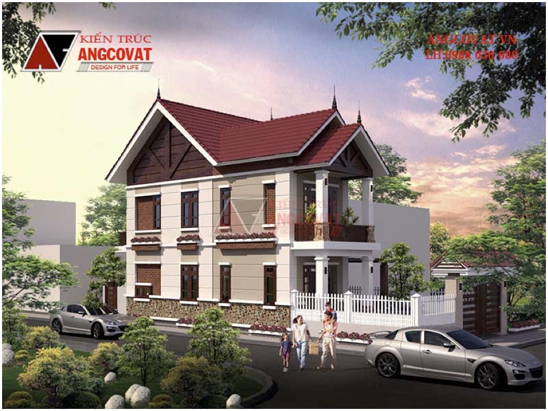 Phối cảnh view 1: Thiết kế biệt thự mini 2 tầng 80m2 kích thước 8x13m mái ngói đỏ tươi