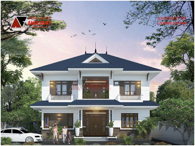 Phối cảnh view 1: Thiết kế biệt thự nhà vườn ở nông thôn 2 tầng mặt tiền 14m sâu 12m