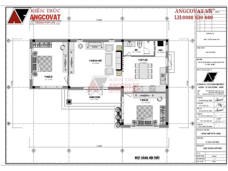 Mặt bằng nội thất: Thiết kế nhà trệt mái thái chữ L kích thước 14x9m tại Hà Nội