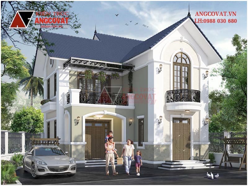 Phối cảnh 3D: Biệt thự mini 2 tầng tân cổ điển hình chữ L mặt tiền 10m tại Hà Nội