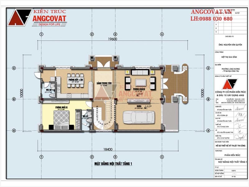 Mặt bằng tầng 1: Thiết kế nhà đẹp 10x20m kiểu Pháp xa hoa tại Vũng Tàu