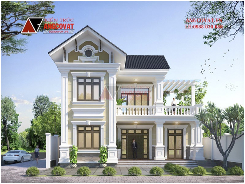 Phối cảnh view 1: Phương án thiết kế biệt thự mini 2 tầng mái dốc hình chữ L có 3 phòng ngủ