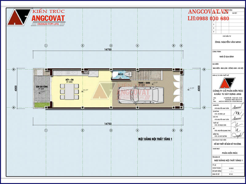Mặt bằng tầng 1: Mẫu nhà ống có gara oto 4 tầng diện tích 60m2 tại Hà Nội