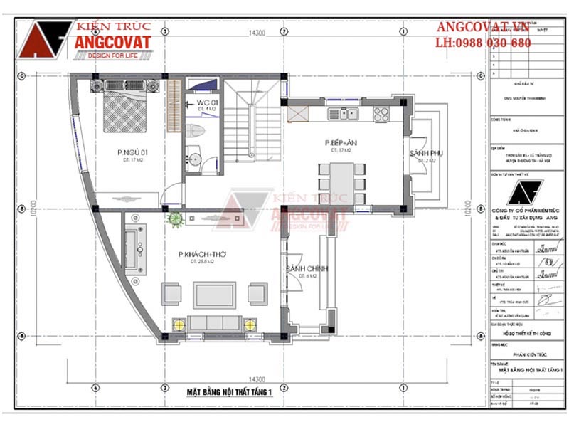 Mặt bằng tầng 1: Biệt thự mini 2 tầng tân cổ điển hình chữ L mặt tiền 10m tại Hà Nội