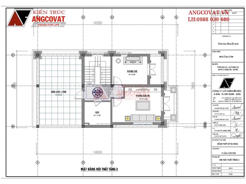 Mặt bằng tầng 3: Biệt thự mini 3 tầng mái thái kiến trúc tân cổ điển diện tích 100m2