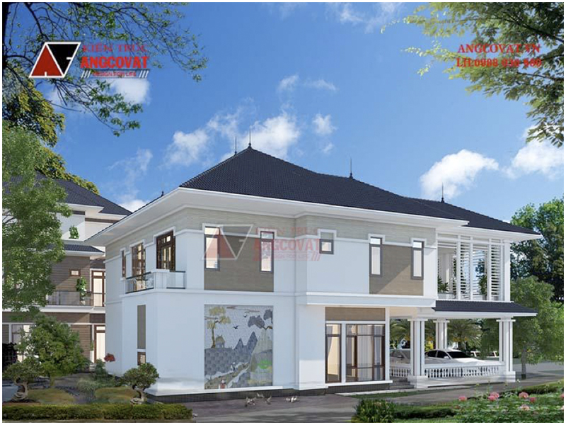 Phối cảnh view 2: Thiết kế biệt thự nhà vườn ở nông thôn 2 tầng sang trọng, hiện đại 200m2 4 phòng ngủ