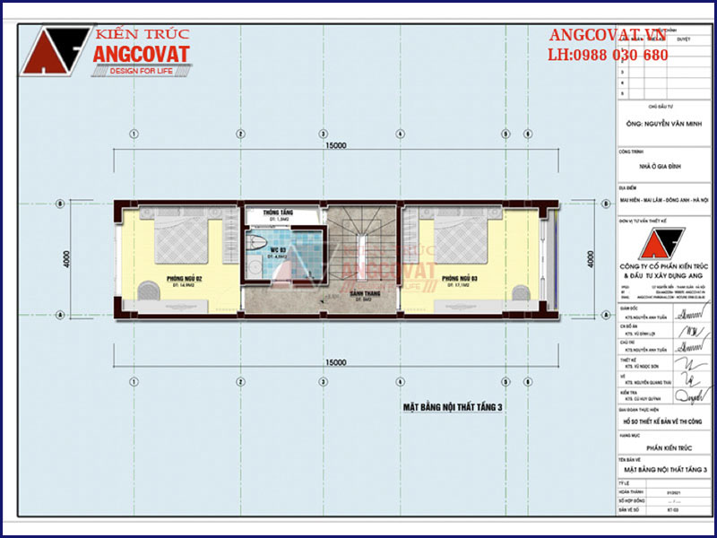 Mặt bằng tầng 3: Mẫu nhà ống có gara oto 4 tầng diện tích 60m2 tại Hà Nội