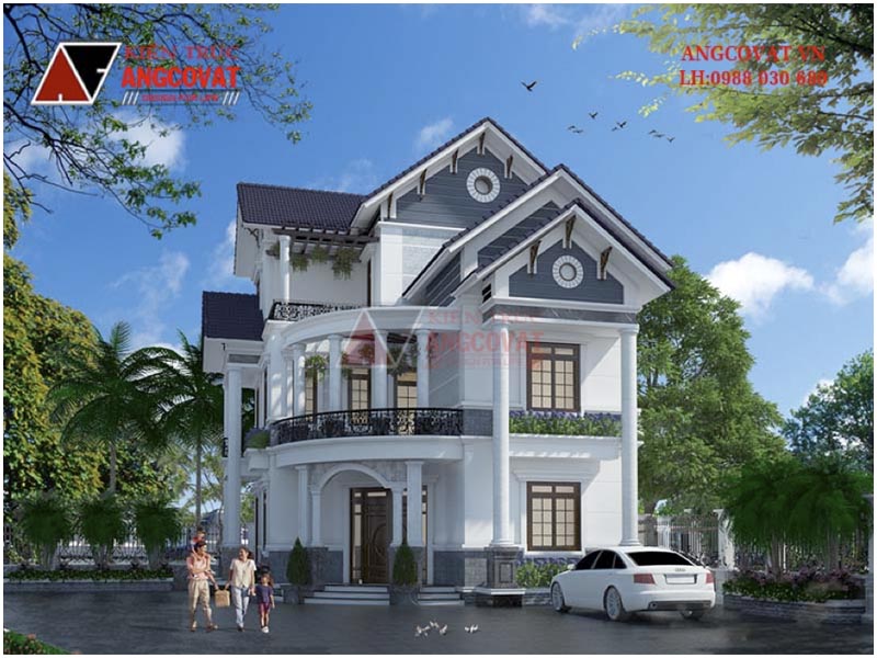 Phối cảnh 3D: Biệt thự mini 2 tầng 1 tum tân cổ điển hoa mỹ kích thước 10x12m