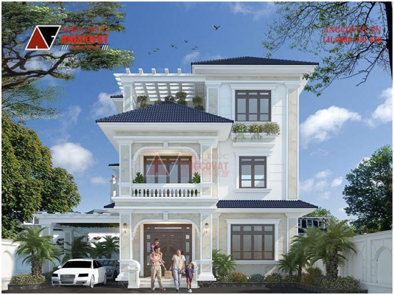 Phối cảnh view 1: Thiết kế biệt thự nhà vườn ở nông thôn 3 tầng kích thước 16x17m