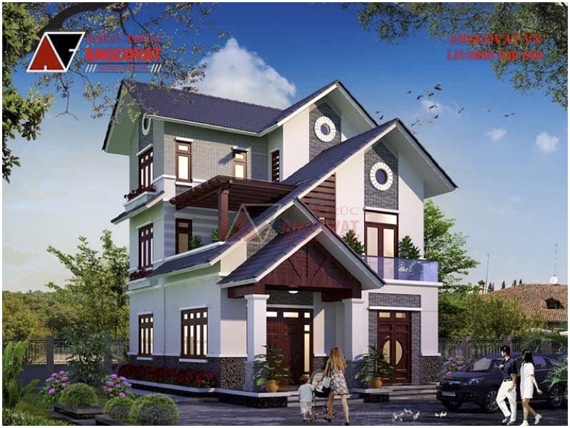 Phối cảnh view 2: Biệt thự mini 3 tầng mái thái kích thước 9x12m tại Bắc Giang