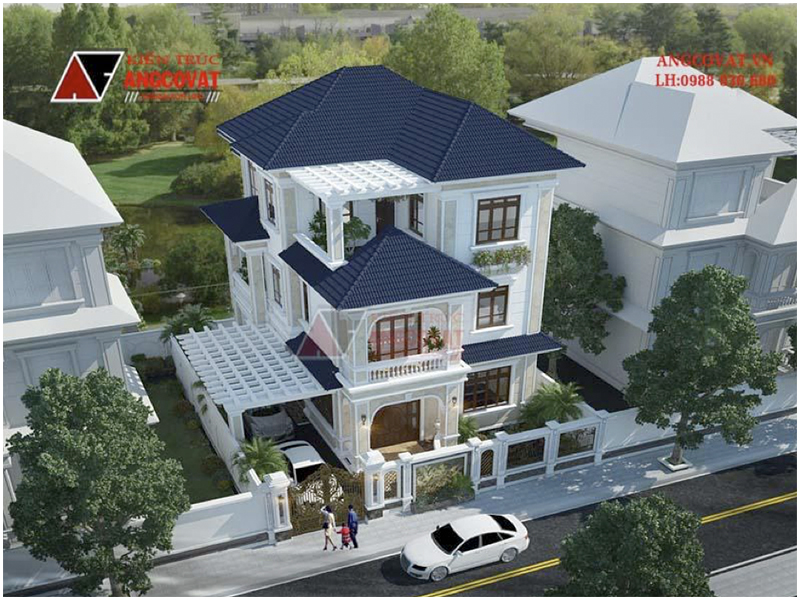 Phối cảnh view 2: Thiết kế biệt thự nhà vườn ở nông thôn 3 tầng kích thước 16x17m