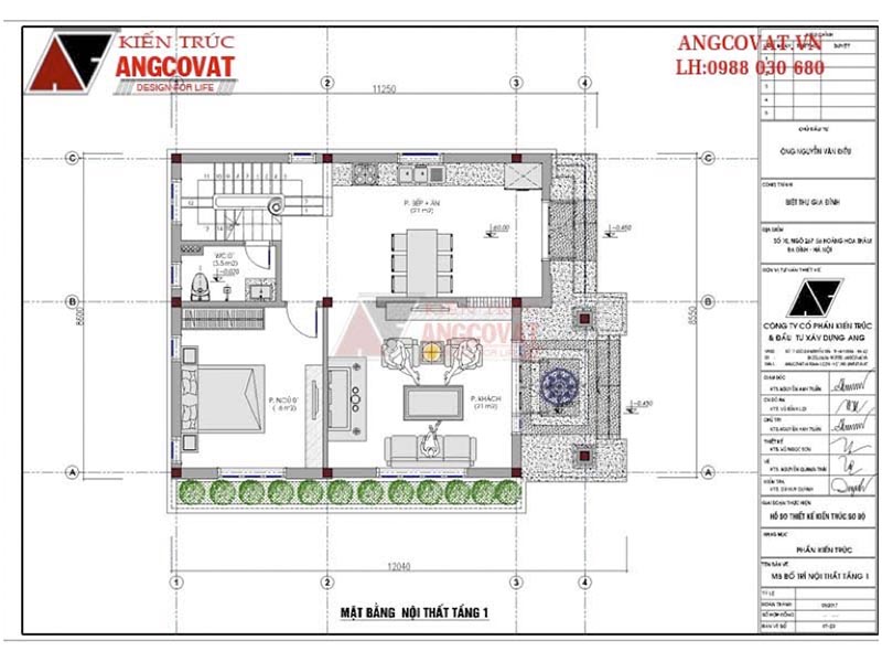 Mặt bằng tầng 1: Biệt thự mini 3 tầng mái thái kích thước 9x12m tại Bắc Giang