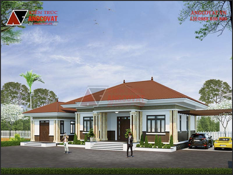 Phối cảnh view 1: Mẫu thiết kế nhà cấp 4 130m2 3 phòng ngủ mái ngói đơn giản