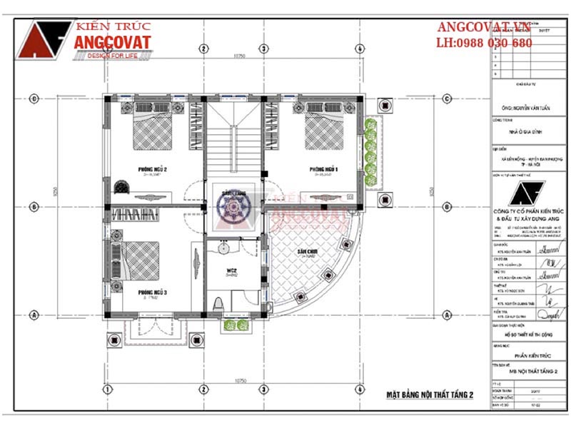 Mặt bằng tầng 2: Biệt thự mini 2 tầng 1 tum tân cổ điển hoa mỹ kích thước 10x12m