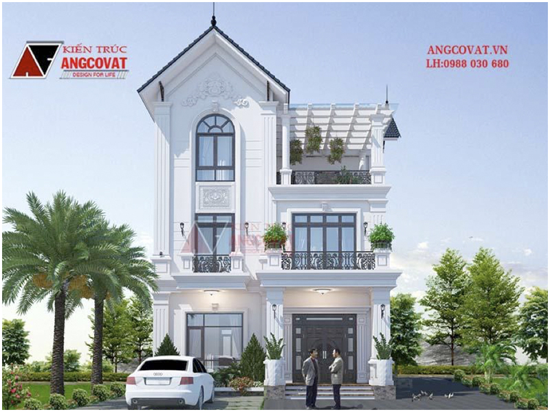 Phối cảnh view 1: Thiết kế biệt thự nhà vườn ở nông thôn 3 tầng kiến trúc tân cổ điển