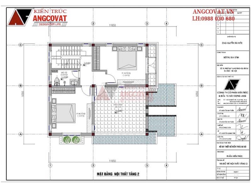 Mặt bằng tầng 2: Biệt thự mini 3 tầng mái thái kích thước 9x12m tại Bắc Giang