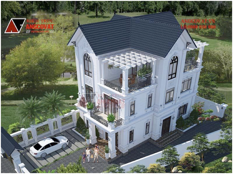 Phối cảnh view 2: Thiết kế biệt thự nhà vườn ở nông thôn 3 tầng kiến trúc tân cổ điển
