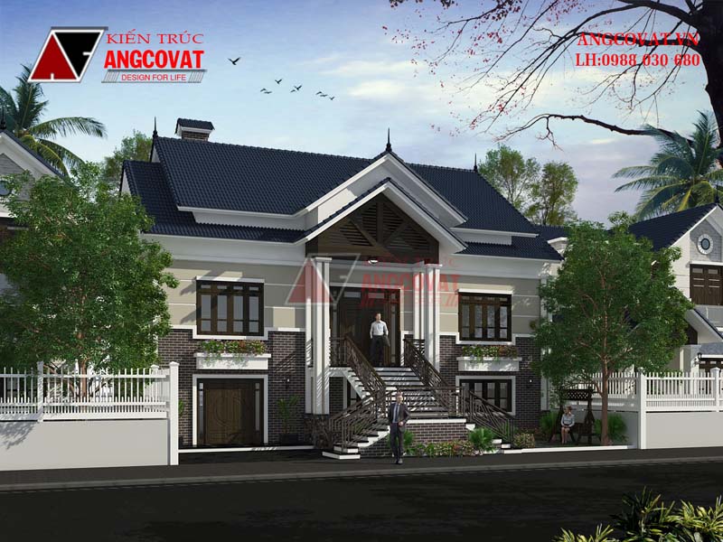 Phối cảnh ngoại thất sang trọng của mẫu nhà 2 tầng cầu thang ngoài trời