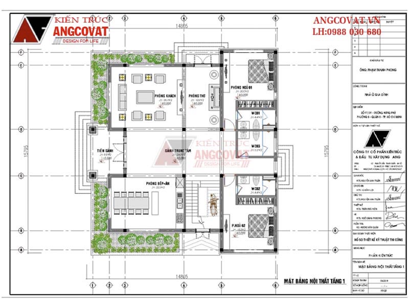 Mặt bằng nhà 1 tầng có gác lửng đẹp kích thuóc 15x14m – Tầng 1