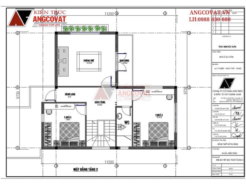 Măt bằng tầng 2: Thiết kế biệt thự mini 2 tầng 80m2 kích thước 10x11m tại Hà Nội
